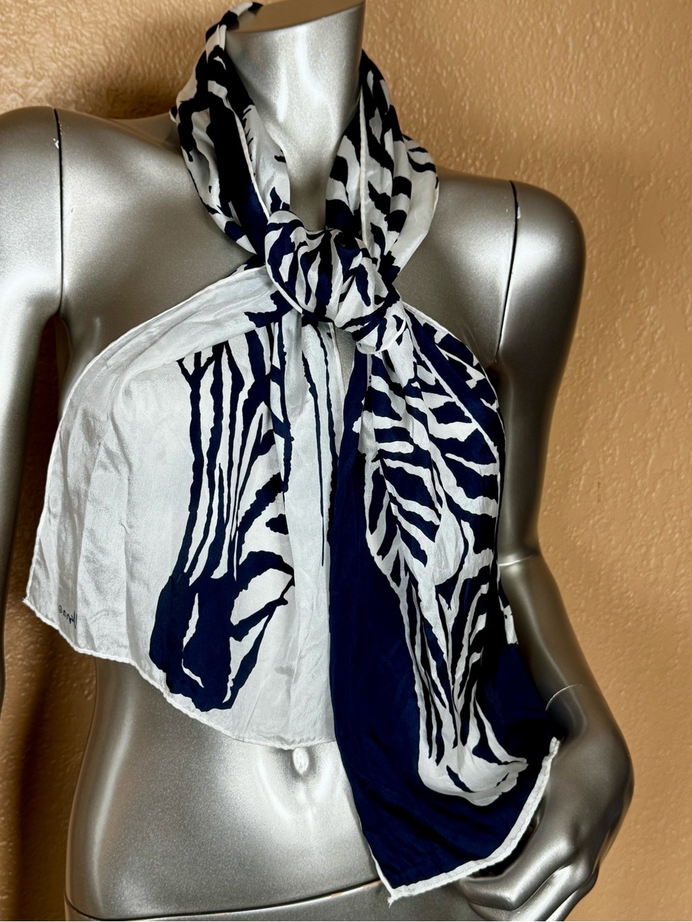 Vera Neumann Vintage Navy Blue & Ivory Zebra print light as air Silk Scarf